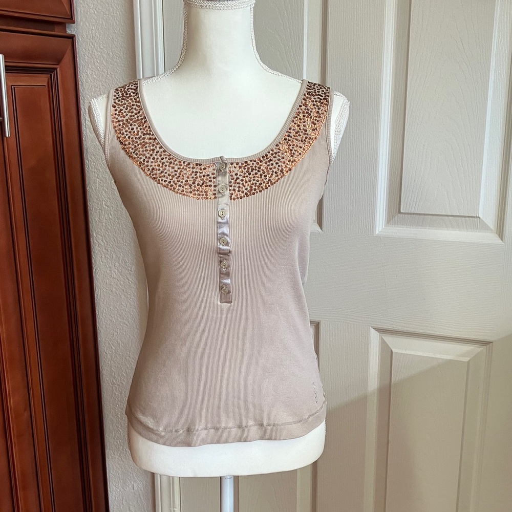 Y2k Beige women’s light with copper sequins Tank Top Size:L juniors